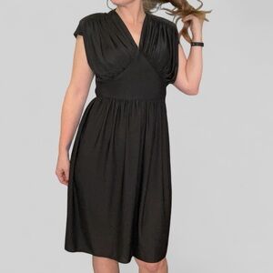 Vintage 70s Midi Dress Ruched Bodice Black Womens M